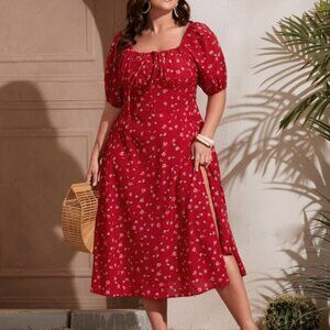 SHEIN VCAY Plus Size Boho Ditsy Floral Tie Front Shirred Split Hem Dress